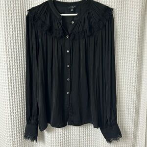 Current Air Black Button Up Lace Detail Long Sleeve Silky Top Blouse Large